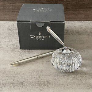 NIB Waterford Irish Crystal Pen Holder Paperweight with Pen Round Orb Silver